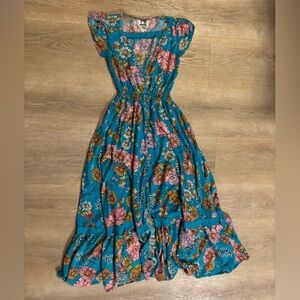 Jaase long Floral Dress in Blue and Pink button down